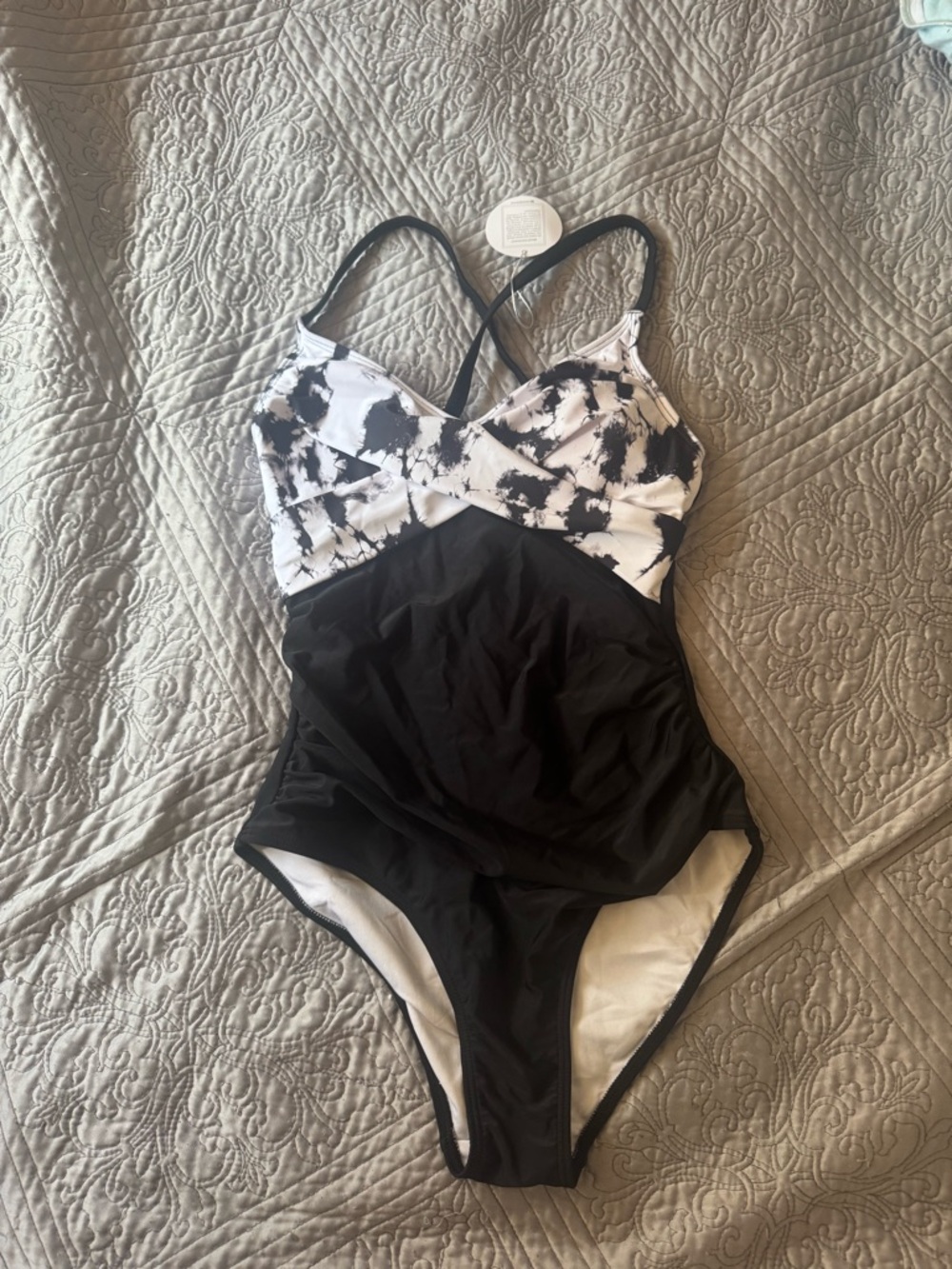 Black One-Piece Swimsuit with White Tie-Dye Top